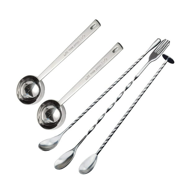 2 cucharas medidoras para café, 30 ml, de metal y 3 cucharas mezcladoras de acero inoxidable con patrón en espiral