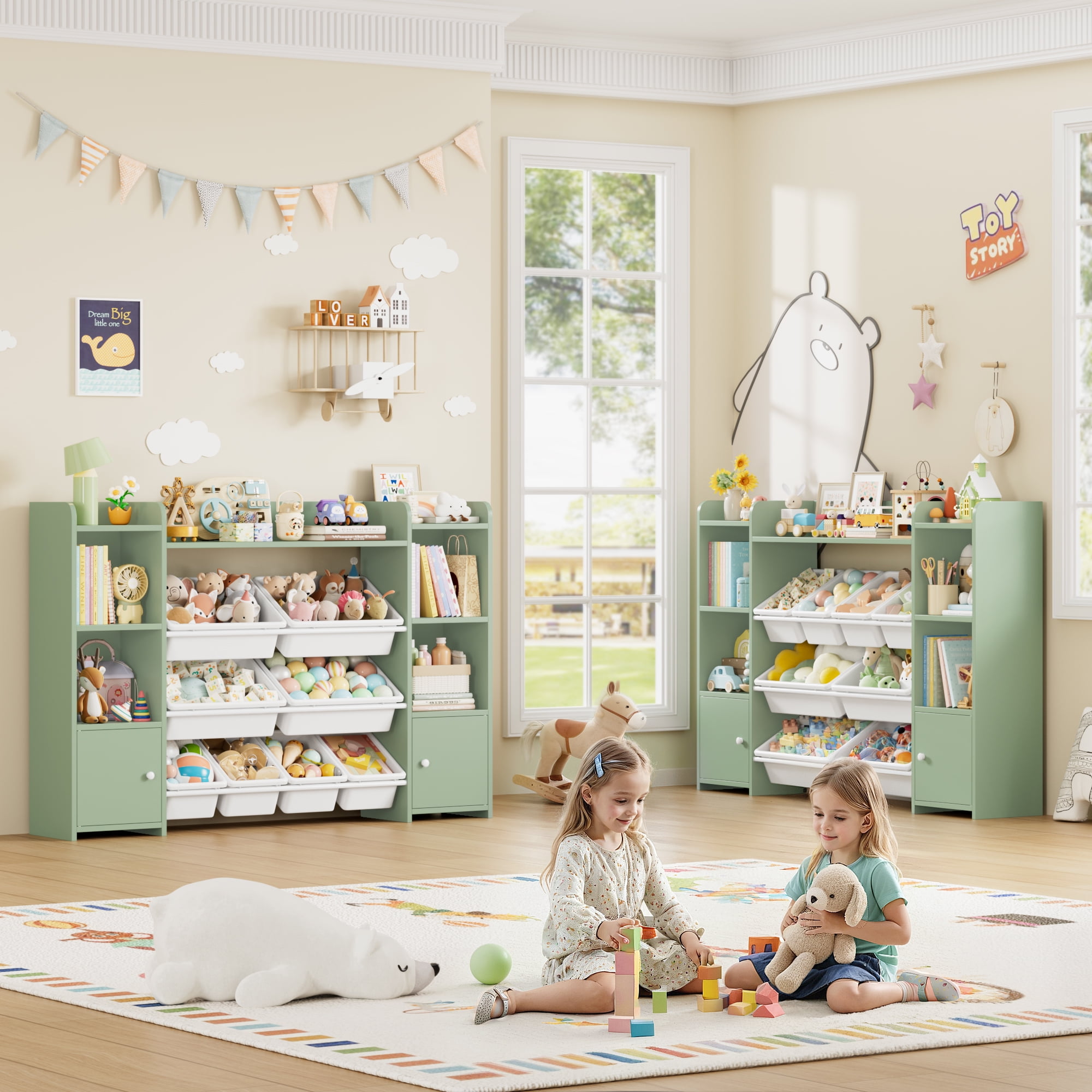 Homfa Kids Toy Organization Cube Bookcase with 8 Bin, 2 Door Toy Storage Organizer Bookshelf for Children Room Playroom, Green