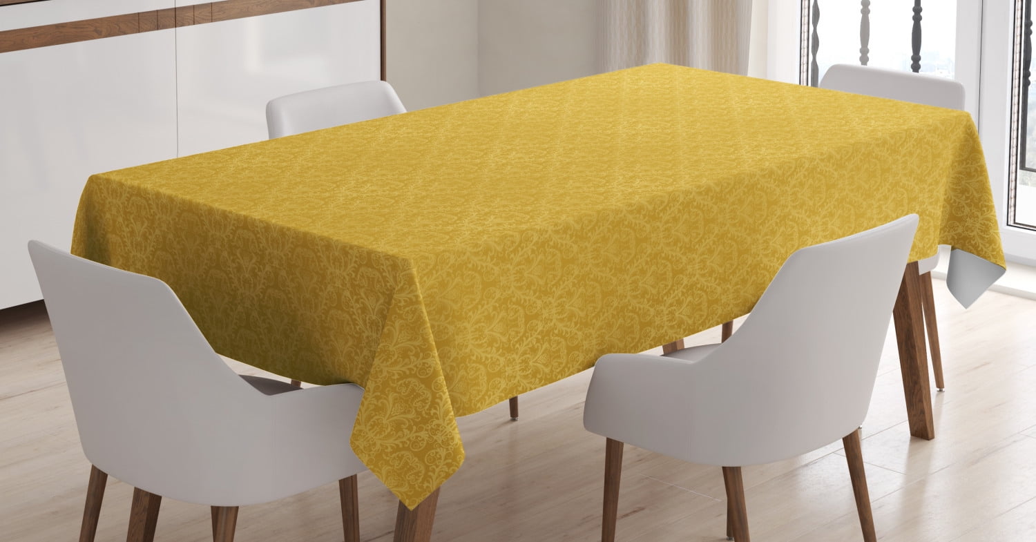 Yellow Damask Tablecloth, Romantic Vintage Print of Stylized Plant