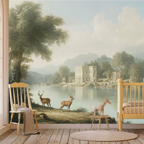 69"x98" Wall Mural Peel and Stick Wallpaper Serene Landscape Deer by River Majestic Mountain Backdrop Wall Decor Self Adhesive Removable Wall Stickers for Bedroom Living Room