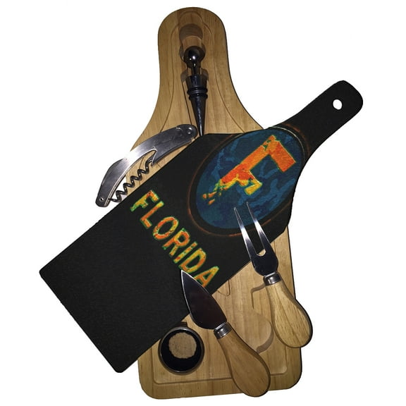 KuzmarK Wine & Cheese Glass Cutting Board Wood Box Gift Set - Florida Camouflage