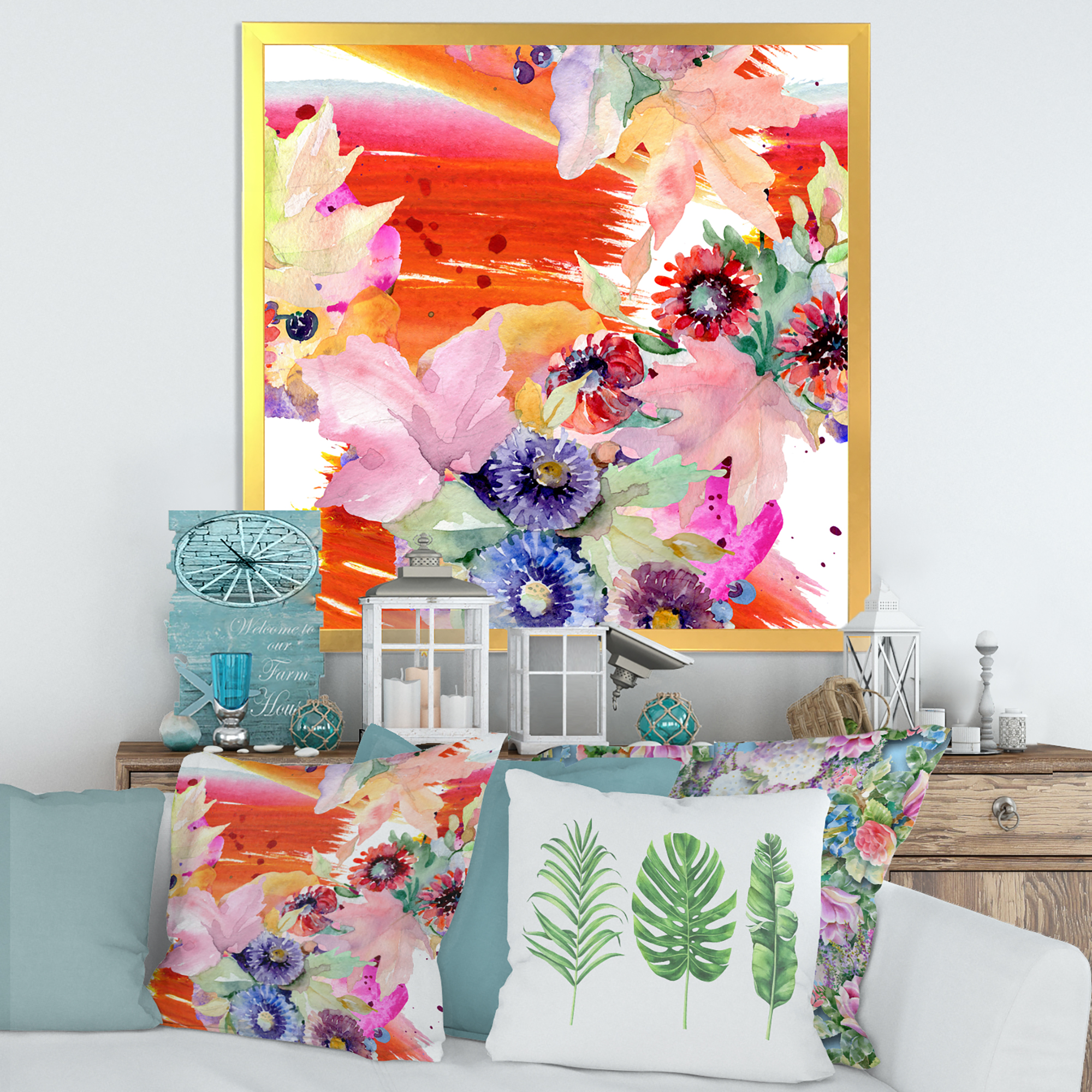 Wildflowers and Vibrant Wild Spring Leaves VII 16 in x 16 in Framed Painting Canvas Art Print, by Designart