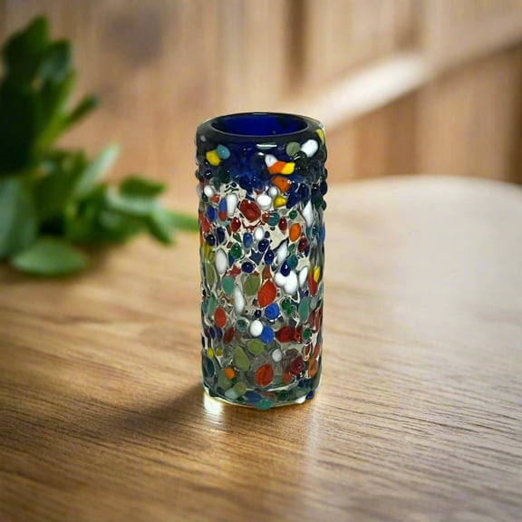 Confetti Double Shot Glass | Hand Blown Mexican Blue Rim (1Piece)