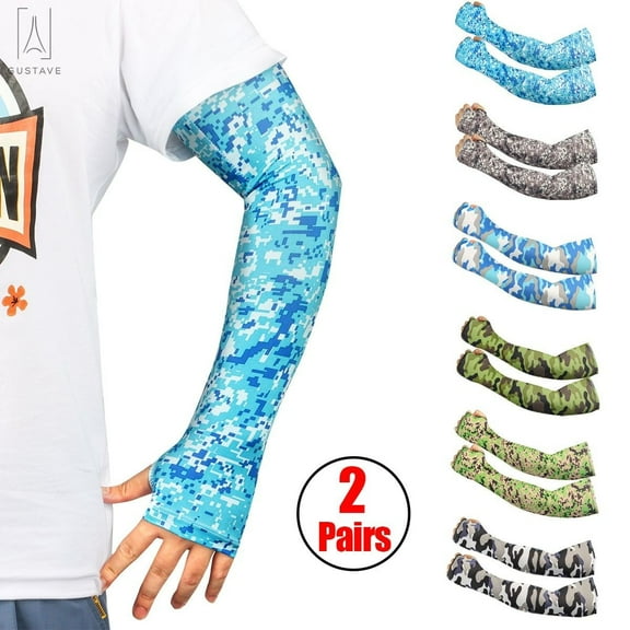 Gustave 2 Pairs Cooling Arm Sleeves for Men Women, UV Sun Protection Camouflage Arm Sleeves Covers with Thumb Hole for Outdoor Sports Basketball Driving Cycling Golf Fishing