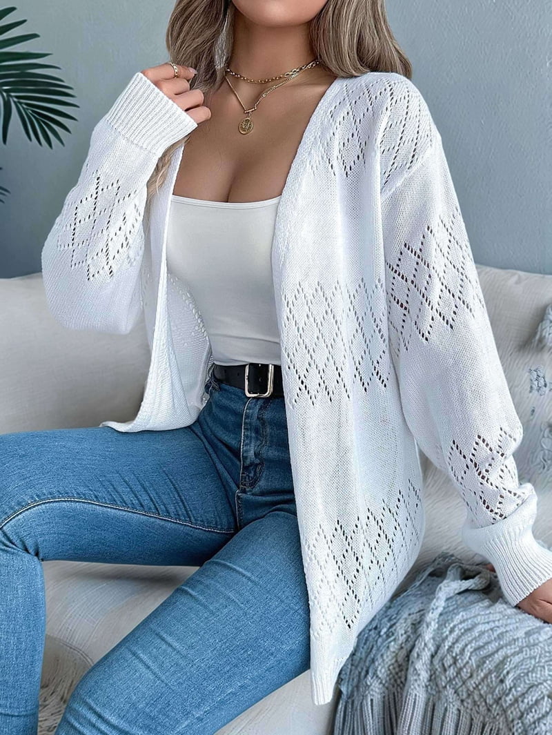 Womens Summer Crochet Cardigan Long Sleeve Light-Weight Casual Knit Sweaters White M