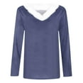 thumbnail image 3 of QUNYINEY Blue Womens T Shirts Fur Trim V-Neck Colorblock Casual Long Sleeve Tops Slim Pullover Drop Shoulder T-Shirts, 3 of 3