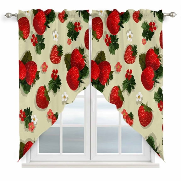 Beige Red Strawberry Swag Valances for Windows 2 Pack, Kitchen Window Curtains 36 Inch Length, Spring Floral Watercolor Summer Botanical Privacy Swag Curtains for Living Room/Bathroom 36"x36"