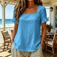 thumbnail image 5 of QUNYINEY Cotton Linen Women's Tshirt Ruffle Summer Short Sleeve Tunic Tops Loose Fit Square Neck Solid Casual Pullover Shirts, 5 of 7
