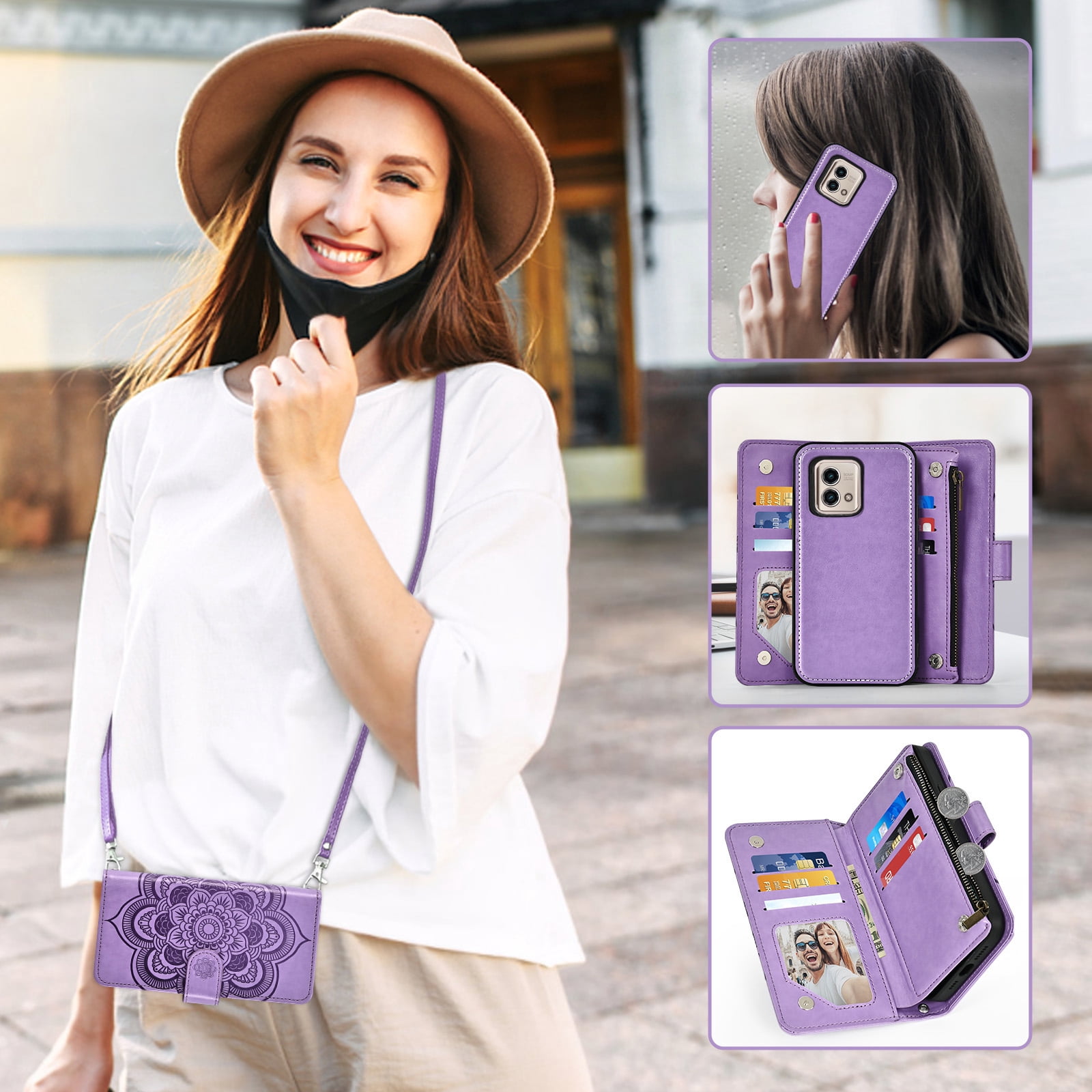 Asuwish Phone Case for Motorola Moto G Stylus 5G 2023 Zipper Wallet Magnetic Detachable Cell Cover with Tempered Glass Screen Protector Crossbody Strap Flower Card Holder Slot GStylus G5 Women Purple