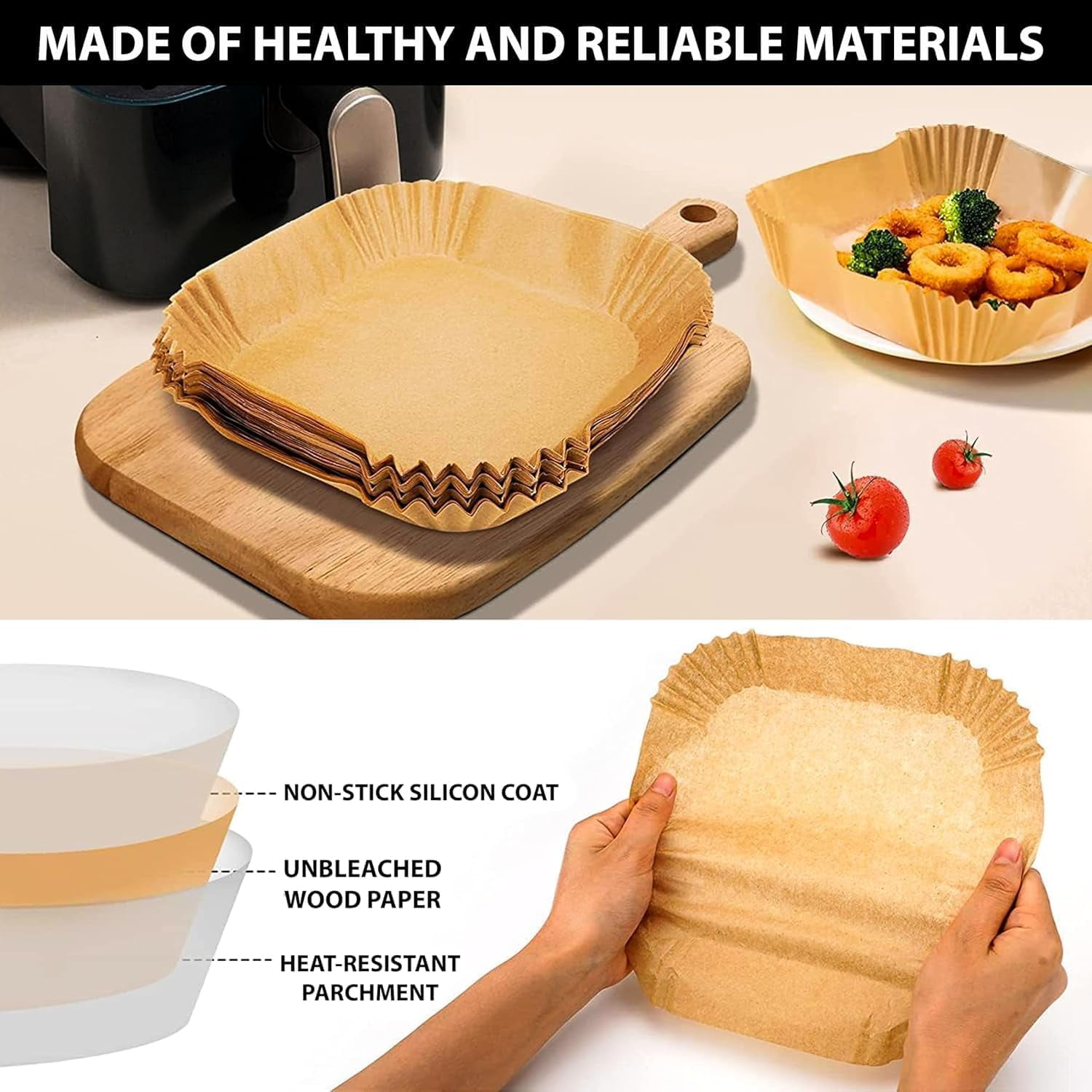 JJEAN-Air Fryer Paper Liners Disposable | 10 Inch 125PCS Parchment Paper Liner Square | Premium Waterproof Baking Liner Non-Stick| Oil Resistant Basket Paper Liners for Clean Cooking | Air Fryer Acce