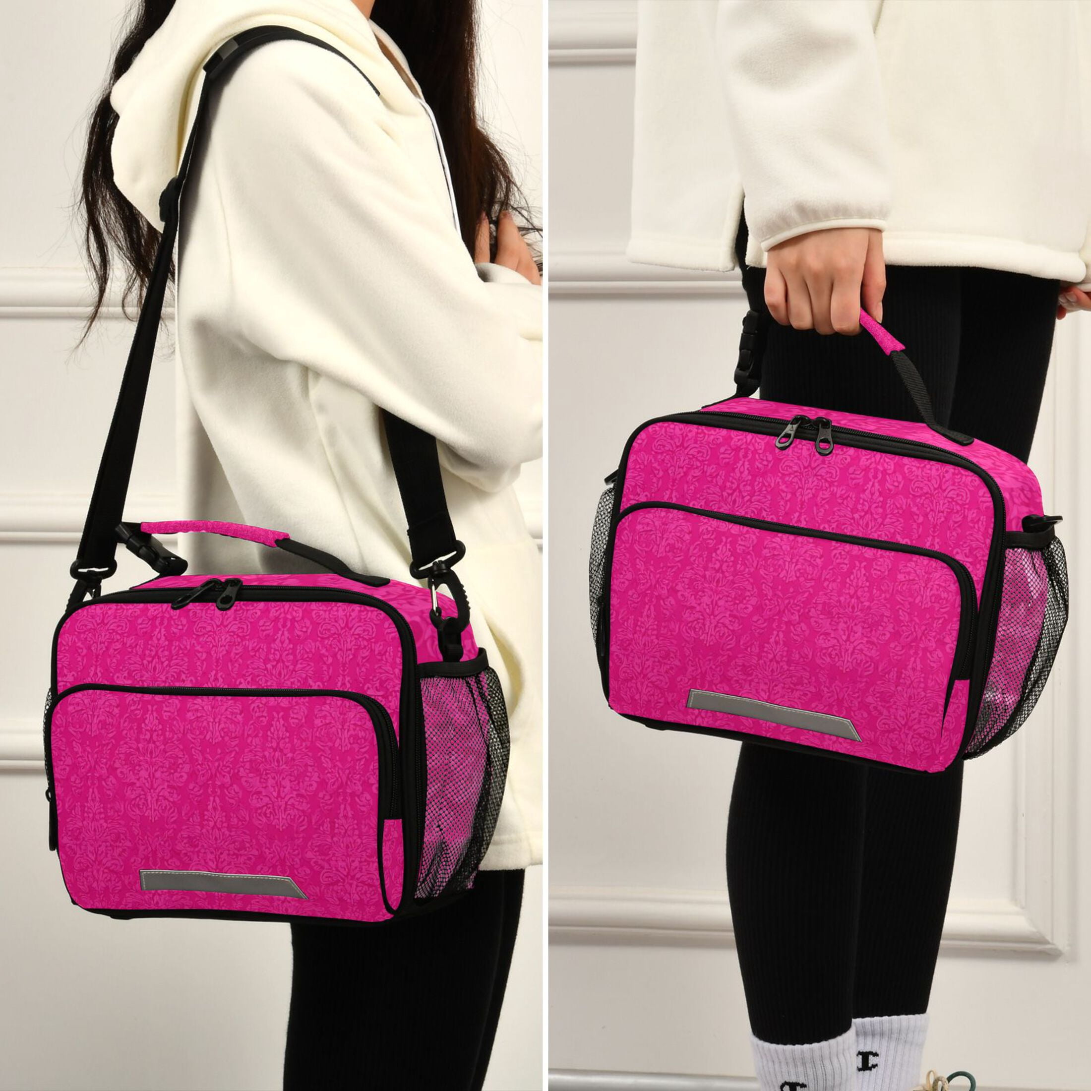 Hot Pink Flower Patterns Insulated Lunch Bag Portable Cooler Bag Mommy Bag Large Capacity 6L