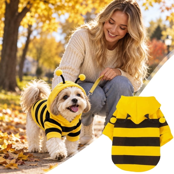 Halloween Bee for Small Dogs and Cats, Classic Hoodie with Antennae and Pompom, Bumblebee Striped Style