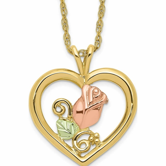10K Yellow Gold Tri-Color Black Hills Rose In Heart Necklace (18 X 18.81) Made United States 10bh693-18
