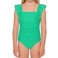 thumbnail image 2 of Girls 1 Piece Swimsuit, Ruffle Sleeve Ruched Monokini, Solid Color Square Neck Swimwear for Kids, Beach, 2 of 3