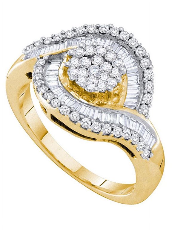 14kt Yellow Gold Womens Round Diamond Flower Cluster Baguette Concentric Ring 1.00 Cttw