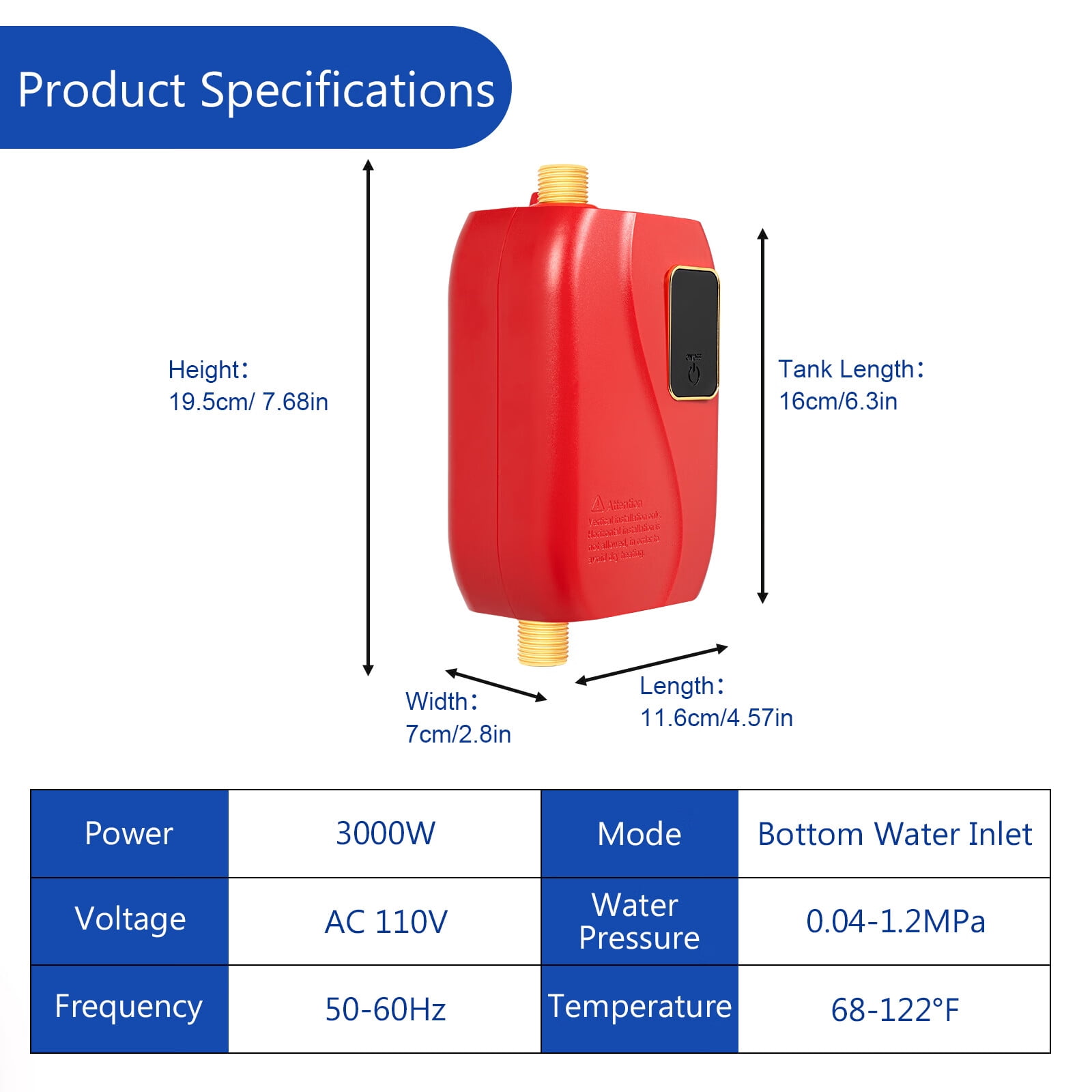 3000W Electric Tankless Water Heater 110V Mini Instant Electric Hot Water Heater Home Floor-Mounted Under Sink Water Heater for Kitchen Bathroom 20-50°C Red