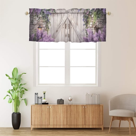 Lavender Valance Curtains for Windows, Lavender with Leaves on Rustic Wooden Door Farmhouse Window Treatments for Kitchen Bathroom Bedroom Livingroom 54 x 18 inch, 1 Panel