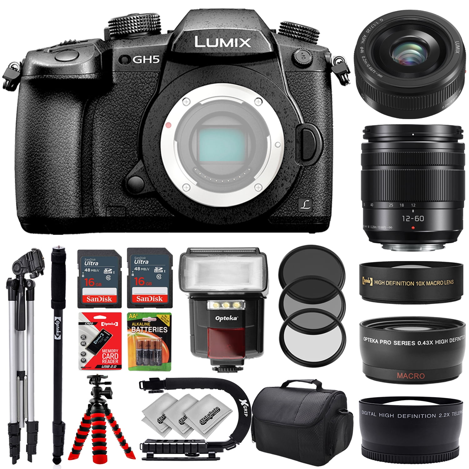 Panasonic Lumix DCGH5 DSLR Camera w/ 5 Lens 12 to 120mm 64GB