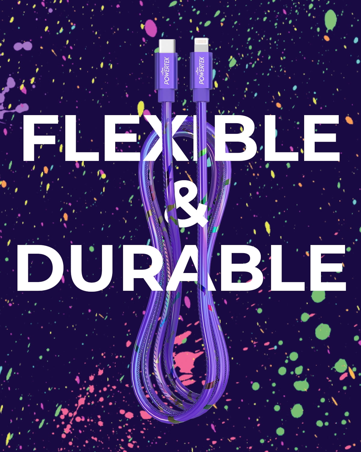 Liquipel Powertek USB C Lightning iPhone Charger Cable [MFI Certified], 6ft Fast Charging, Neon Party
