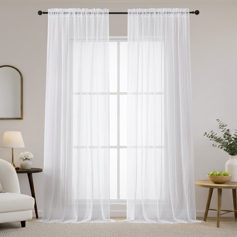 OVZME Luna 108" Striped White Sheer Curtains, 2 Panels photo 1