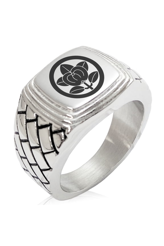 Stainless Steel Encircled Mandarin Kamon Crest Geometric Pattern Step-Down Biker Style Polished Ring