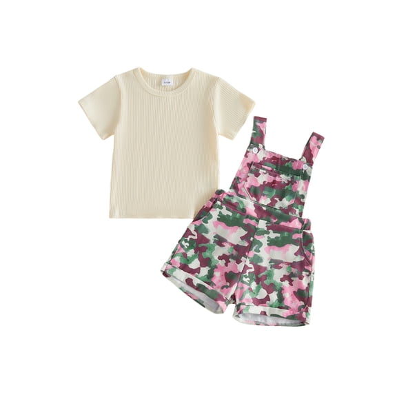BemeyourBBs Toddler Baby Girls Summer Clothes Infant Girls 2 Piece Camouflage Outfits Short Sleeve Ribbed T Shirt Tops and Pockets Bib Overalls Camo Suspender Shorts Sets