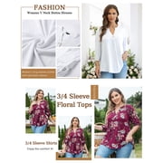 VERABENDI Women's Plus Size Tops 3/4 Sleeve Shirts Dressy Casual Metal Buckle V-Neck Tunic Blouses,M-4XL