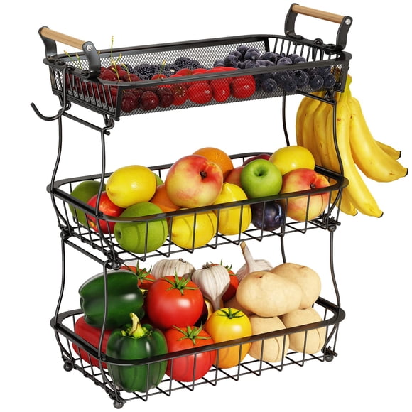 Cesta de fruta ANTOPY de 3 niveles con 2 perchas metálicas para plátanos