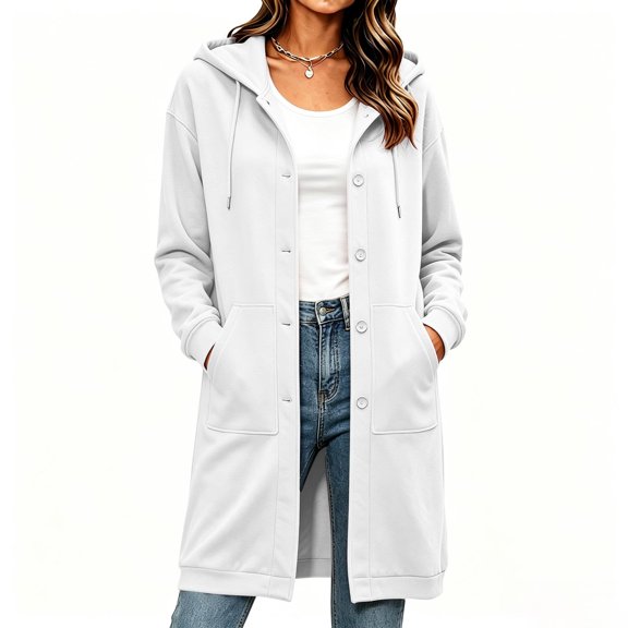 Trikvn Women's Long Hooded Sweatshirt Jacket Casual Button Down Cardigan Coat with Pockets Fall Winter Outerwear for Lounge Everyday Wear