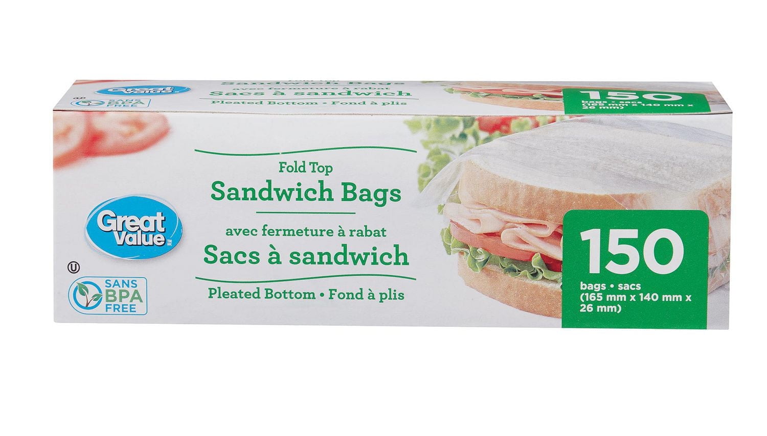 Great Value Fold Top Sandwich Bags, 150 Bags
