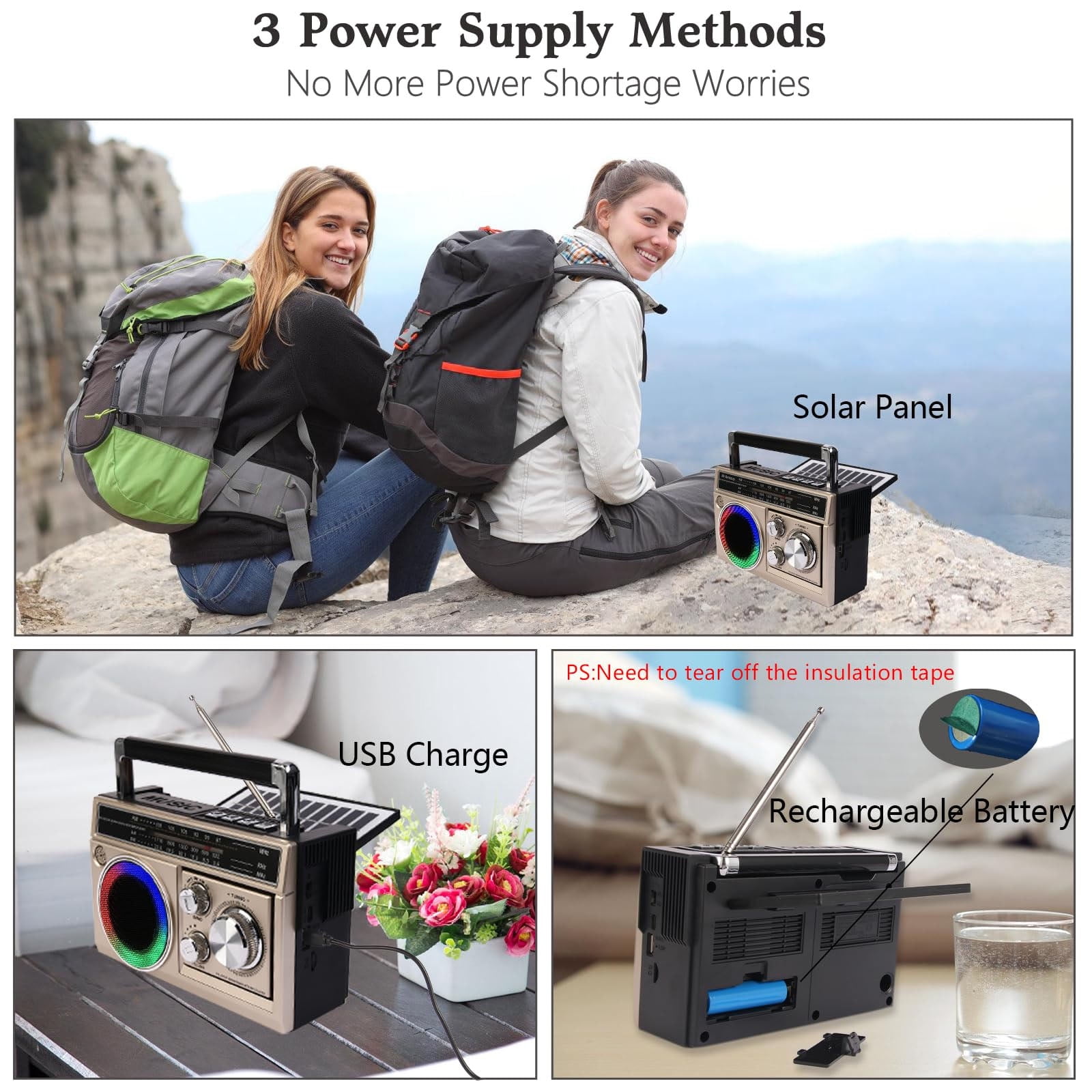 AM FM SW Radio Portable with Bluetooth Speaker, Illumination, USB TF Card Playing, Solar/USB-C Rechargeable Radios, Colorful Light, Transistor Radios Portable Emergency, Bluetooth Radio