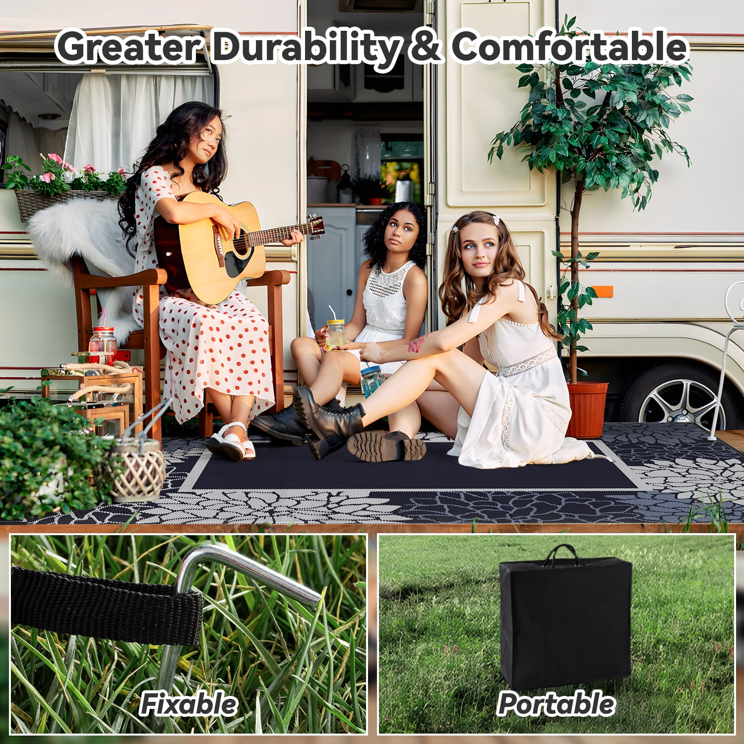 SIXHOME Outdoor Rug 6'x9' Waterproof Reversible Patio Rug Floral Border Plastic Straw Indoor Outdoor Rug for RV Camping Garden Picnic Beach Deck Backyard Porch Decor Blue and Gray