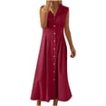 thumbnail image 2 of Ovzne Robes pour Femmes Robe d'Été en Coton et Lin Couleur Unie Col Rabattu Sans Manches Robe à Boutons Robe pour Femmes en Liquidation, 2 of 6
