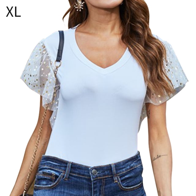 Camiseta de mujer Verano Cuello en V Gasa Lentejuelas Manga corta Camiseta casual, Blanco, XL Speravity AP001323-08
