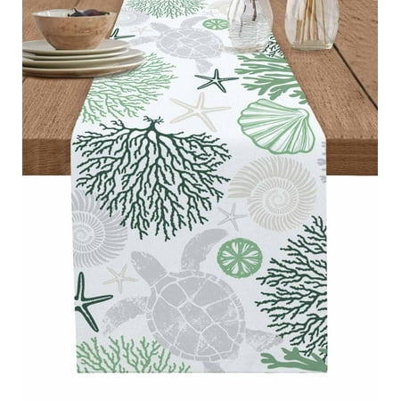 

Table Runner Summer Green Grey Coastal Ocean Sea Turtle Coral Seashell Table Runners Dresser Scarves Holiday Kitchen Dining Table Decoration for Home Party Indoor 13x108 Inch