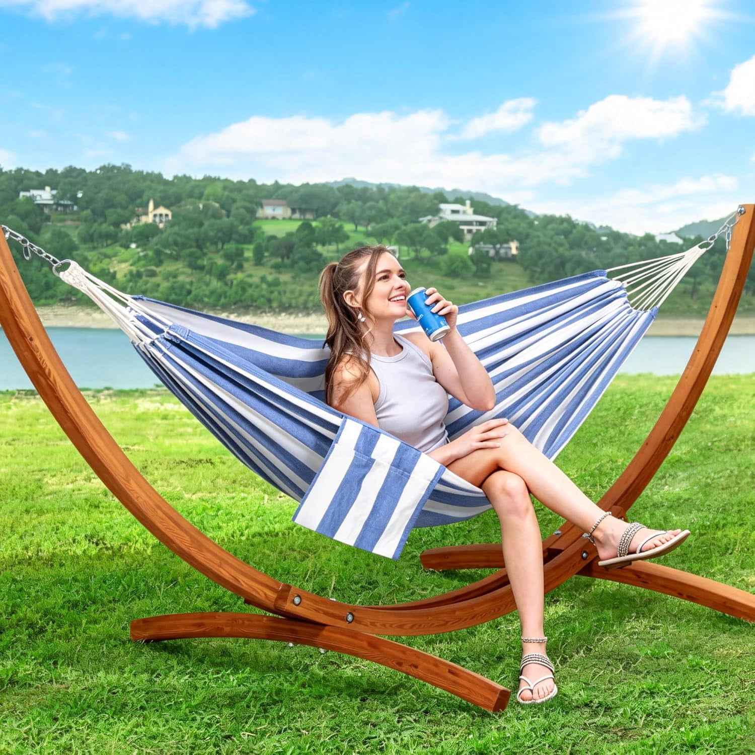 SUNCREAT Hammocks for Outside with Stand, Porch Hammock and Stand, 475 lbs Capacity, Blue & White