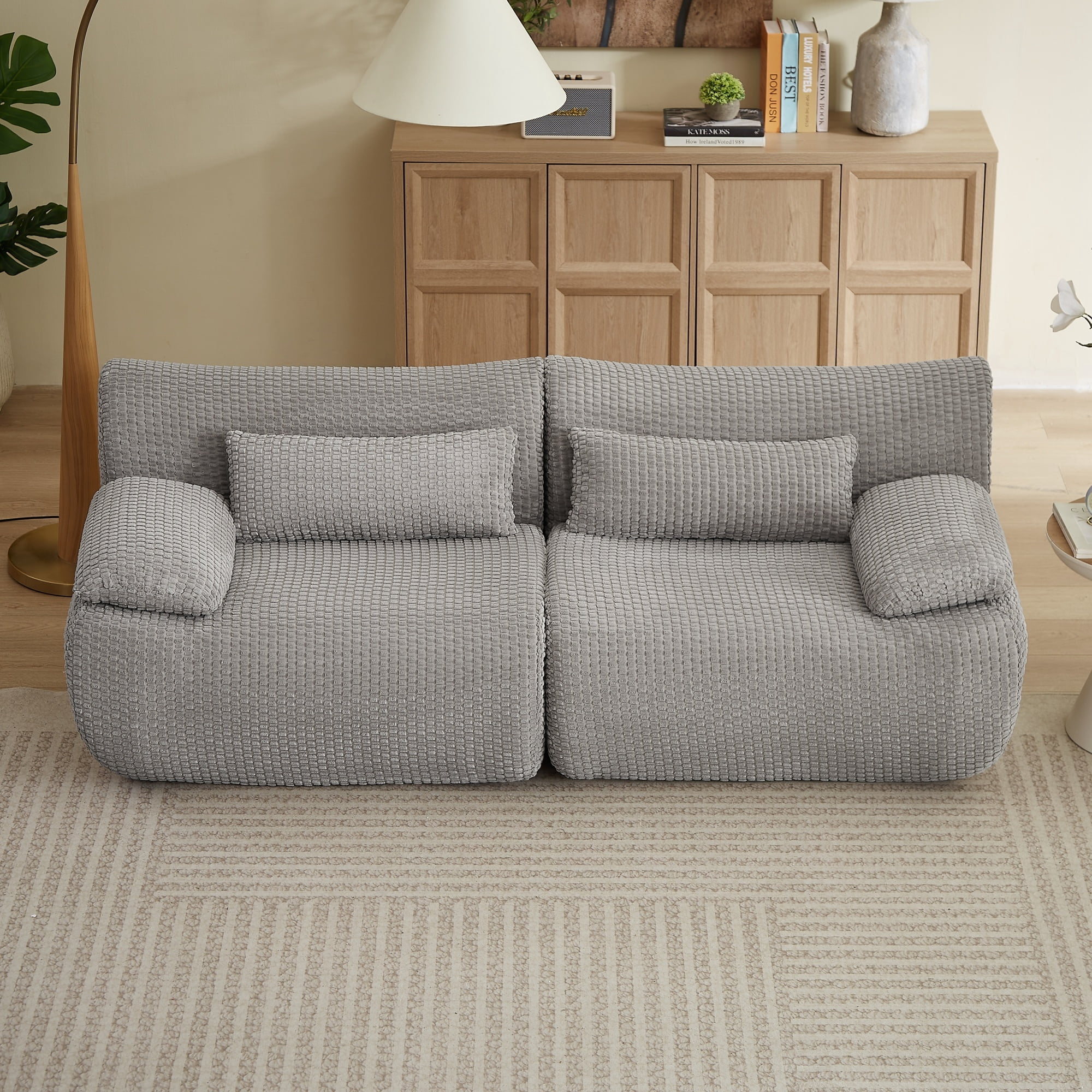 Oversized upholstered Loveseat Sofa, Compressed Boneless Couch for Living Room, Modern Modular Floor Sofa Set with Pillows