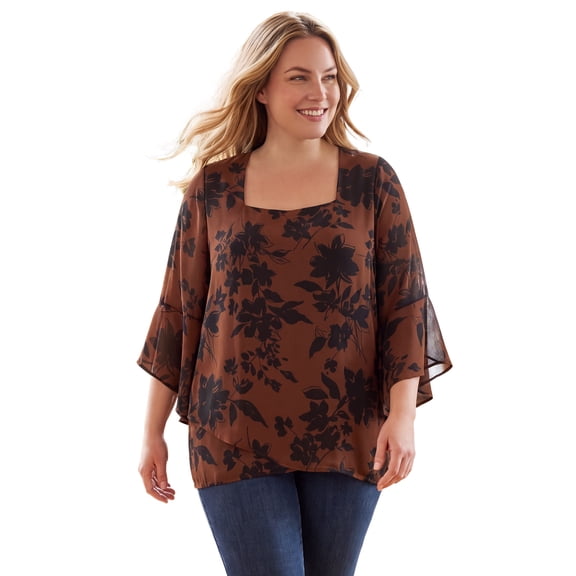 Woman Within Plus Size Square Neck ¾ Ruffle Sleeve Tulip Hem Tunic
