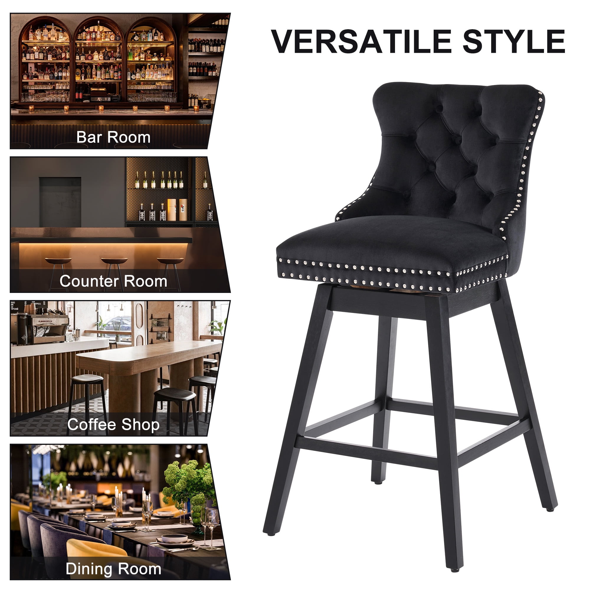 Tewloss 26" Swivel Bar Stools Set of 5 Velvet Counter Height Chairs for Home Kitchen Dining, Black