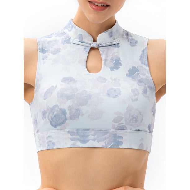 Ropa interior femenina Mujeres Yoga Bra Vintage Stand Collar Botón Impreso Wirefree Bras Entrenamien Abody Ropa interior femenina