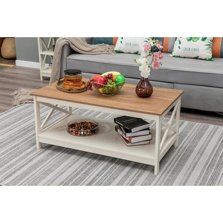 Erste!Bravo Farmhouse Coffee Table with Storage, Square Modern Center Table with Shelf for Living Room, Rustic Wood Look Cocktail Table, Easy Assembly, Ivory+Oak