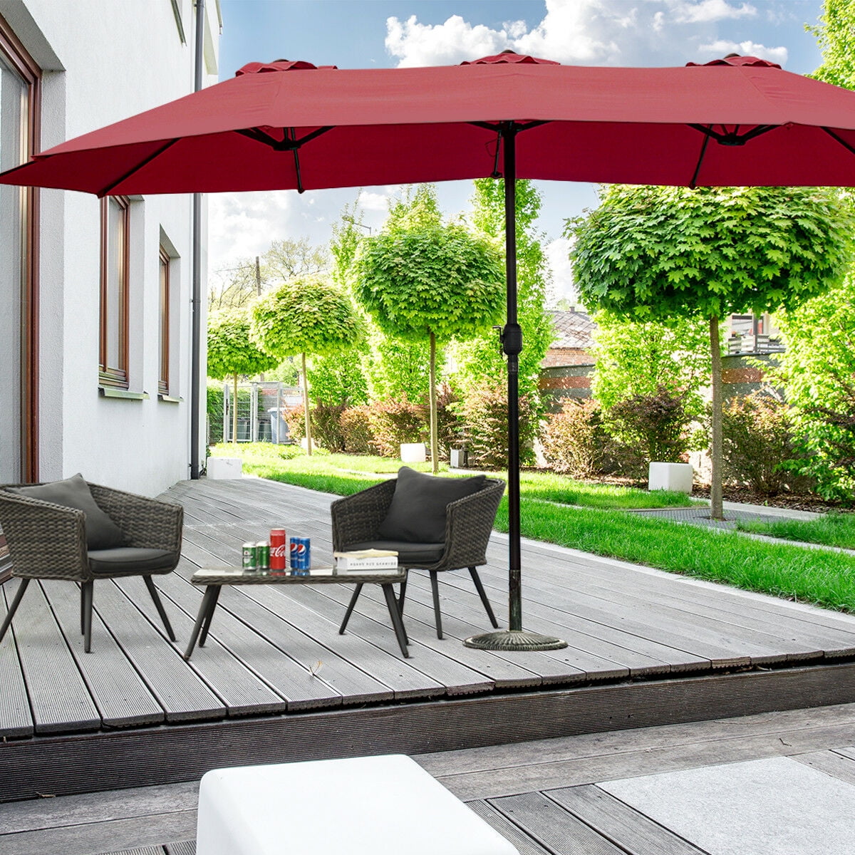 Topbuy 15 ft Outdoor Patio Umbrella Double-Sided Shade Offset Red