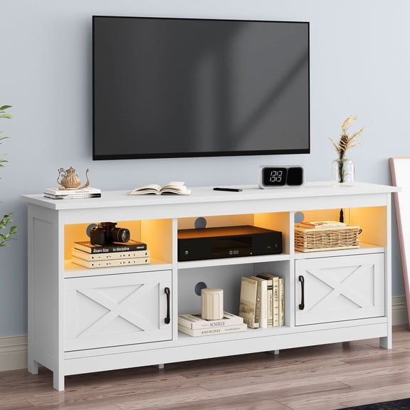 Dextrus Farmhouse 59'' TV Stand for 65 Inch TV, LED Light Entertainment Center with Storage Cabinets, Open Shelves, 24-Color Light Strip, Media Console for Living Room, White