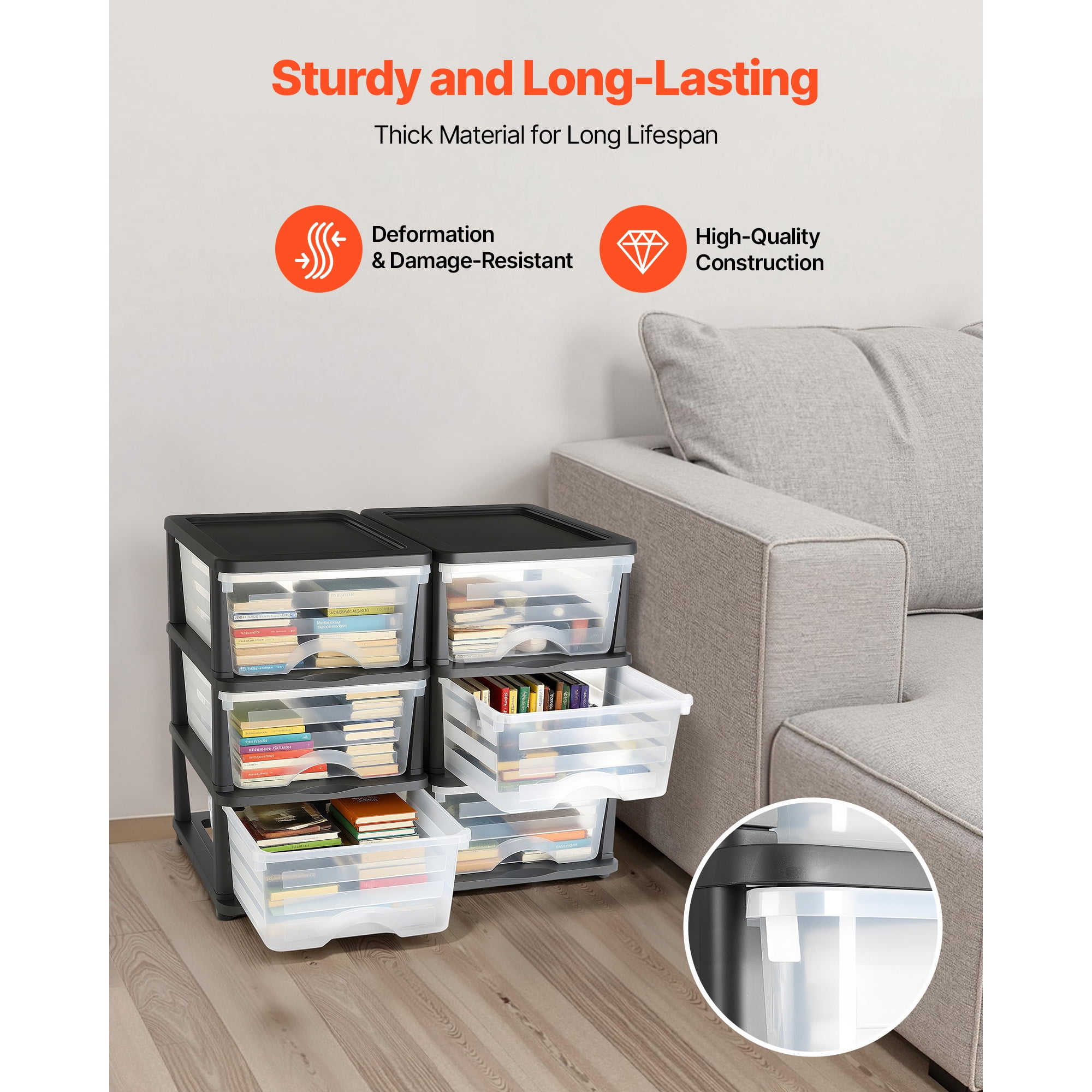 KFFKFF 100L 6 Storage Drawers, Sturdy Organizer , Clear Storage Bins for Office, Craft Rooms, and Home Organization