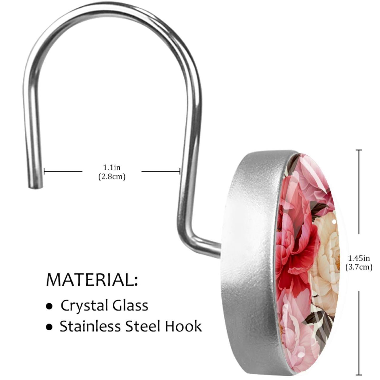 Blossom Peony Flowers Rolling Shower Curtain Hooks, Clear Crystal Glass Art Decorative Stainless Bath Bathroom Set 12 Pcs
