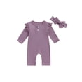 thumbnail image 2 of Aojekbee Baby Girl Rompers Solid Color Buttons Crew Neck Long Sleeve Jumpsuits Fall Clothes Bodysuits with Headband, 2 of 10