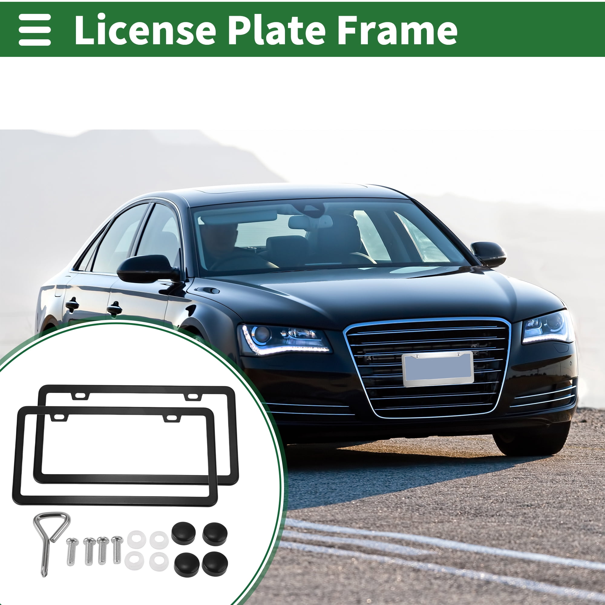 Unique Bargains 1Set Stainless Car License Plate Holder With Screws 2 Hole Black