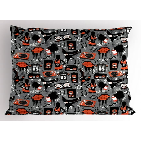 Hip Hop Pillow Sham Underground Street Art Clubbing Theme with Dancers Spray Paints and Jersey Pattern, Decorative Standard Size Printed Pillowcase, 26 X 20 Inches, Multicolor, by