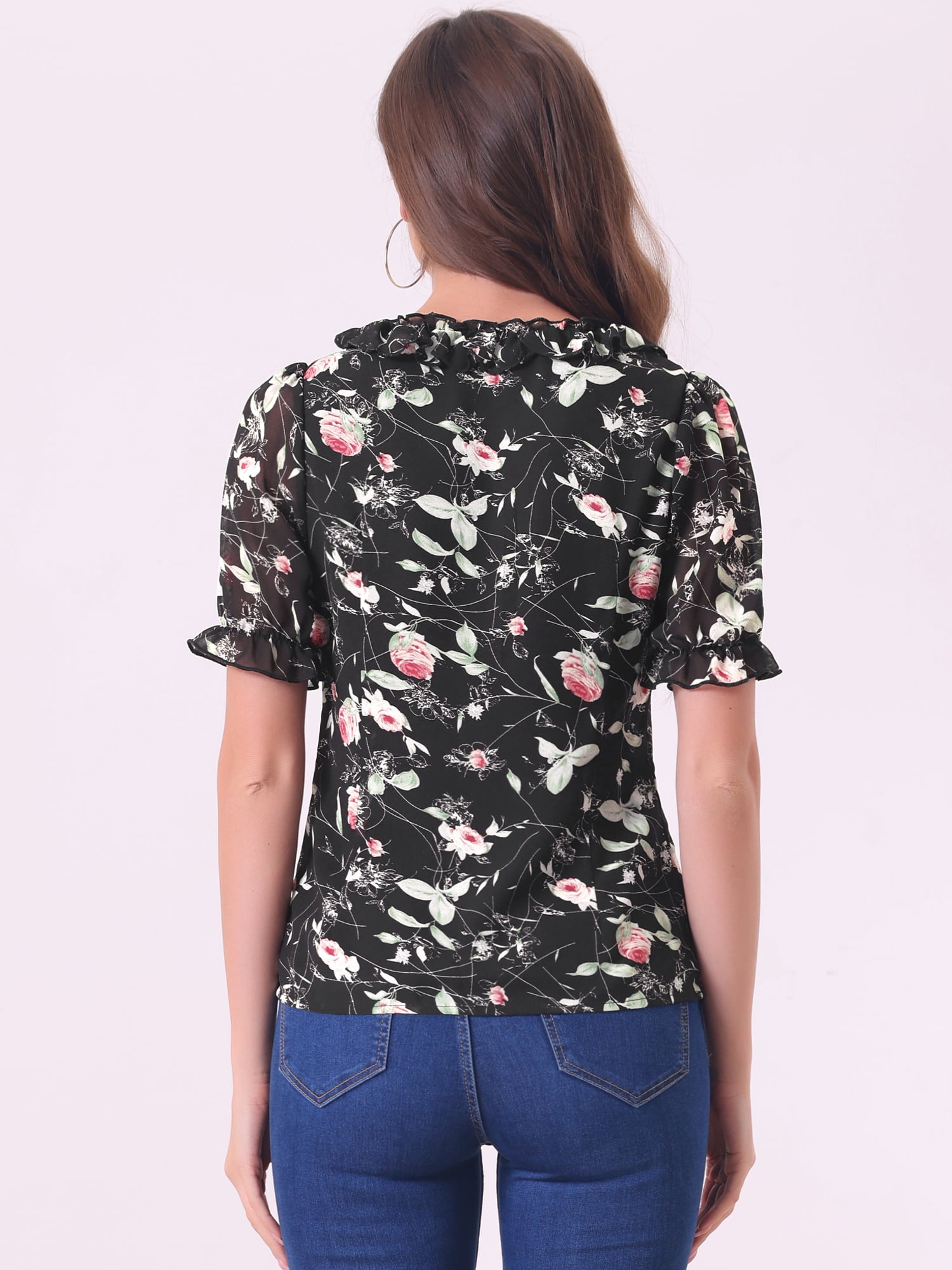 DARING DIVA Women's Ruffle V Neck Puff Blouse Top M Black Red