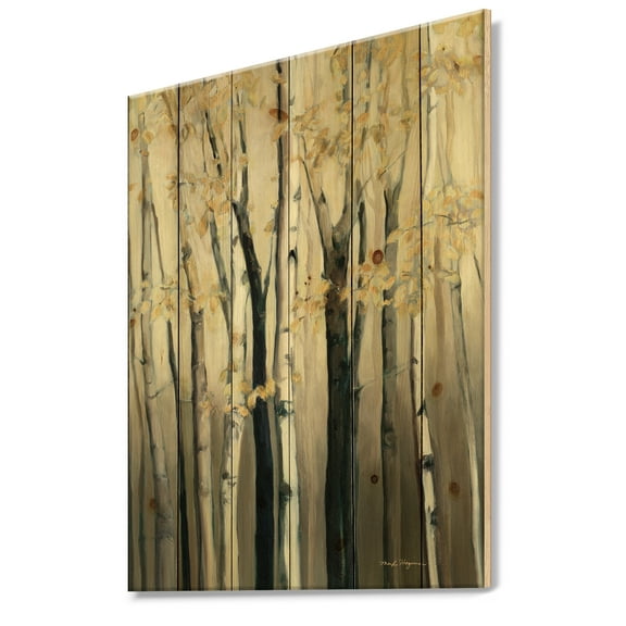 Designart 'Golden Birch Forest III' Farmhouse Print on Natural Pine Wood